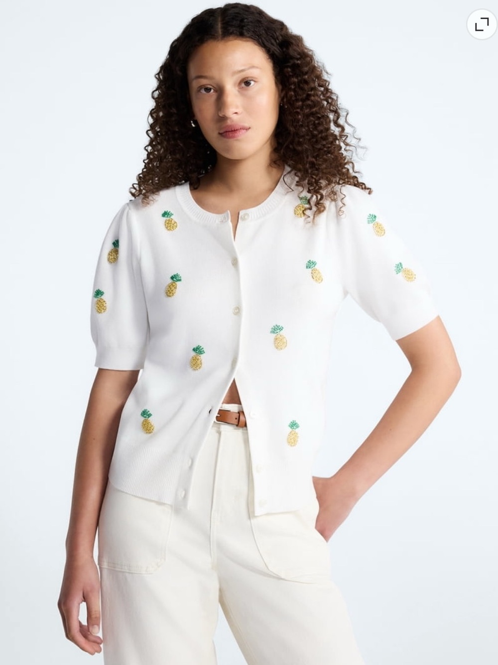 Free Assembly Beaded Pineapple Puff Sleeves Knit Cardigan Coastal Beach Boho S
